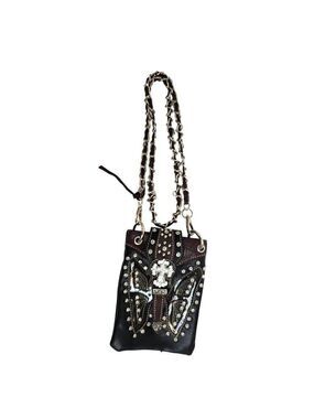 Western Style Black & Brown Butterfly Rhinestone Crossbody Bag With Chain Strap